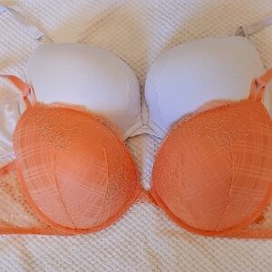 36DDD VS White Cotton Pushup and Orange Lace With Stars Bra Bundle